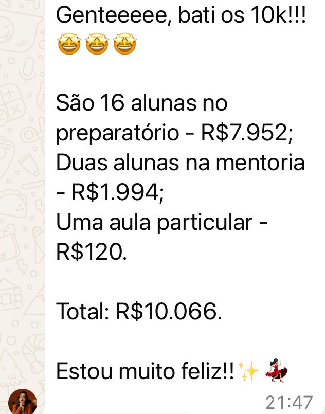 Print de aluna relatando faturamento de R$10.066