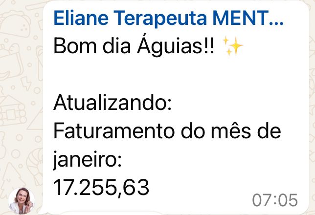 Print de aluna terapeuta relatando faturamento de R$17.255,63