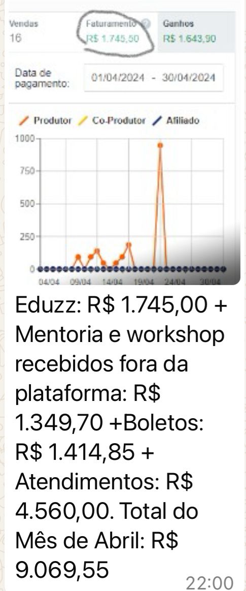 Print de aluna relatando faturamento de R$9.069,55 em um mês